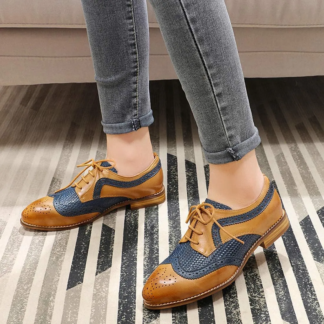 Mona flying Leather Flat Oxfords for Women Lace up Brogue Wingtips for Ladies