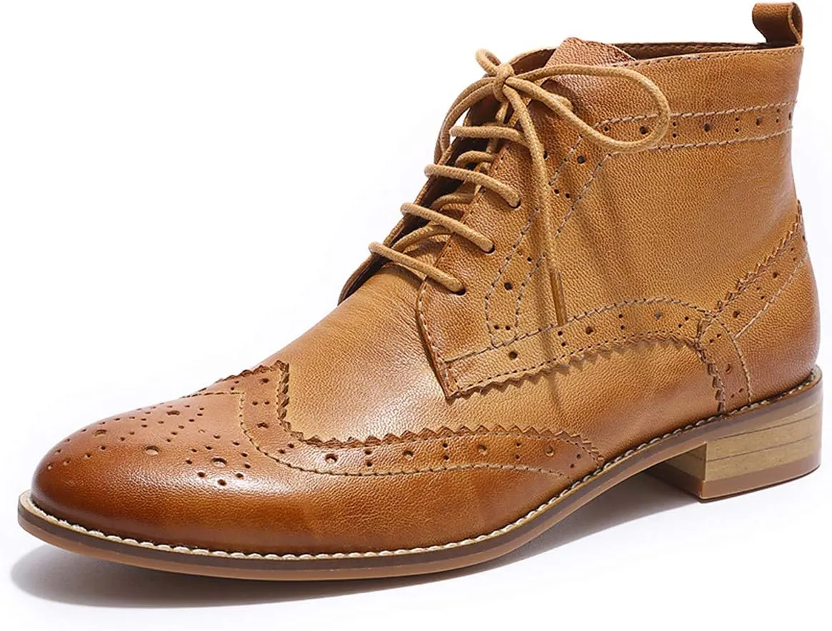 Mona flying Women's Comfort Leather Lace-up Oxfords Brogue Boots Ankle High Fashion Tie up Booties Low Heel Combat Boots