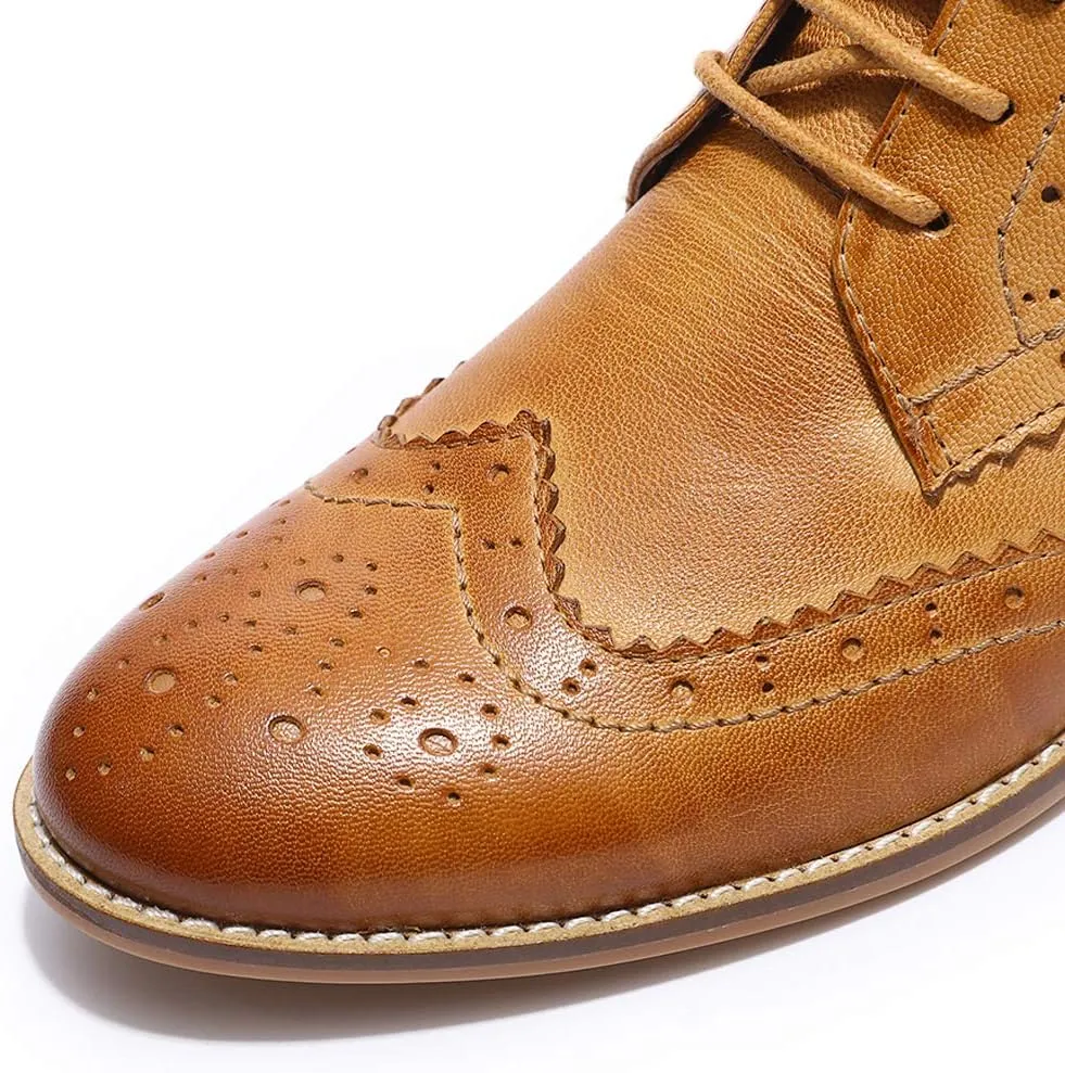 Mona flying Women's Comfort Leather Lace-up Oxfords Brogue Boots Ankle High Fashion Tie up Booties Low Heel Combat Boots