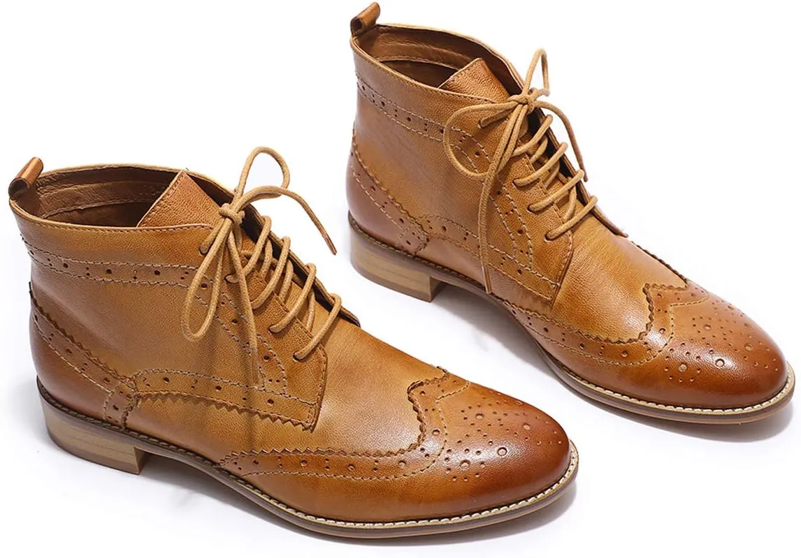 Mona flying Women's Comfort Leather Lace-up Oxfords Brogue Boots Ankle High Fashion Tie up Booties Low Heel Combat Boots