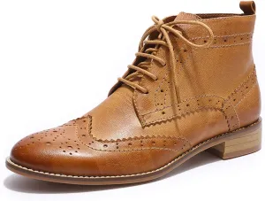 Mona flying Women's Comfort Leather Lace-up Oxfords Brogue Boots Ankle High Fashion Tie up Booties Low Heel Combat Boots