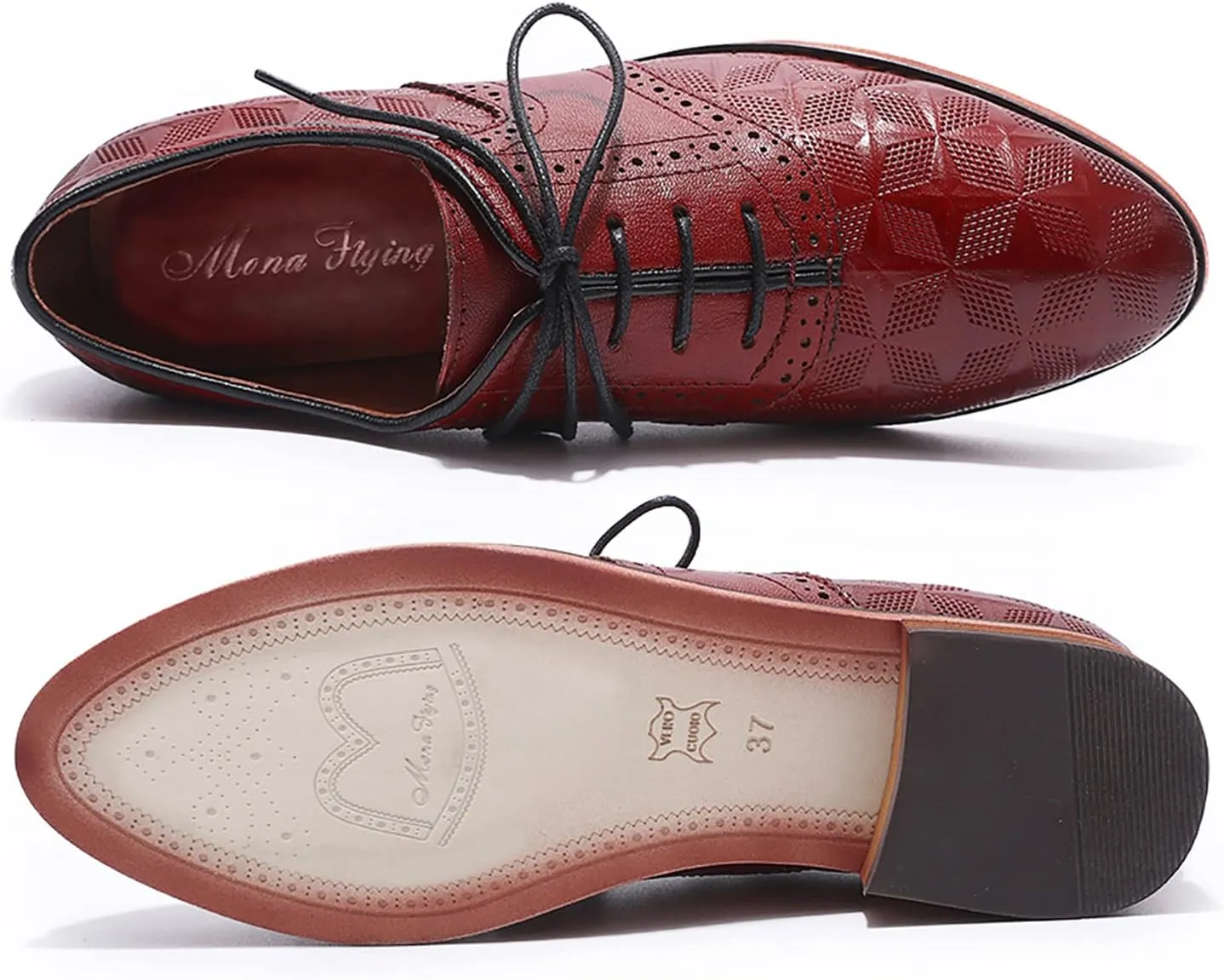 Mona flying Women's Comfortable Saddle Oxfords Brogue Lace-up Leather Shoes for Ladies