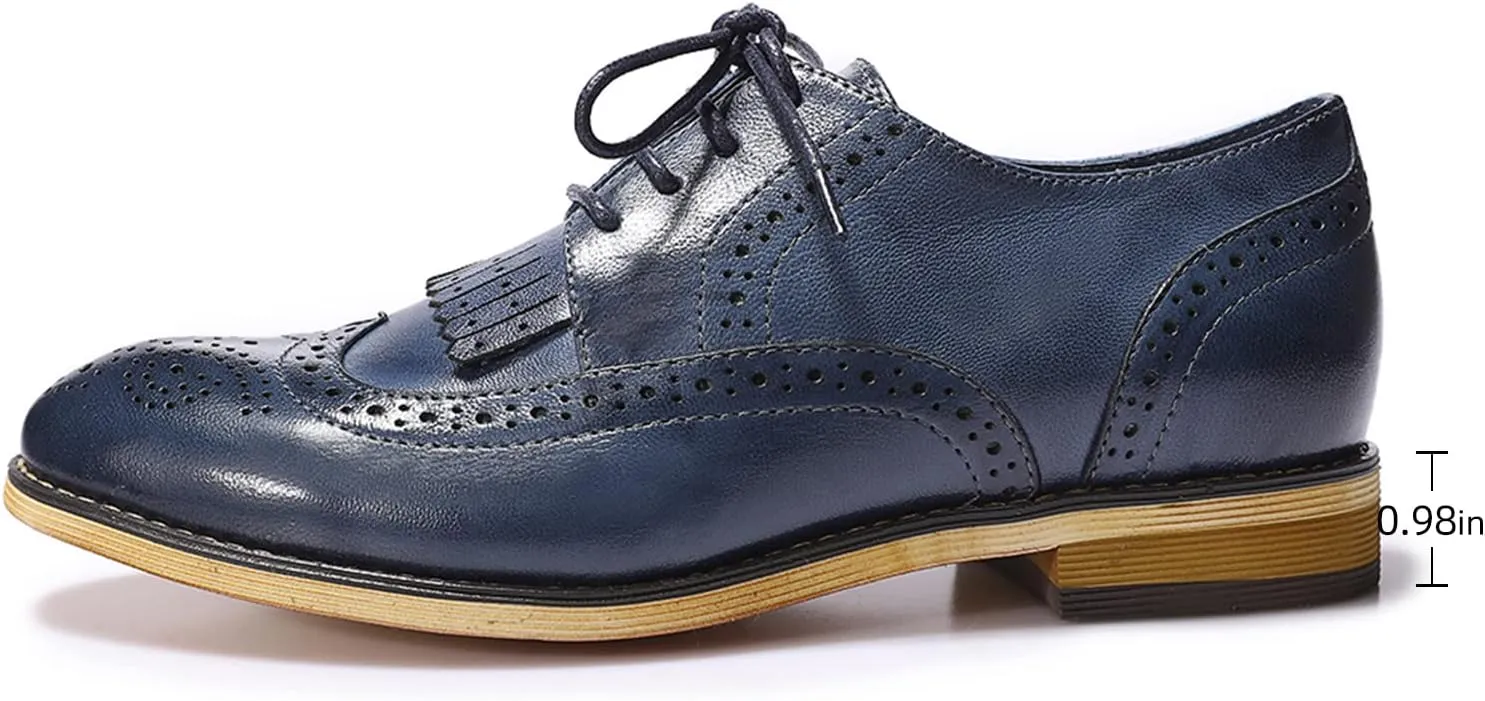 Mona flying Women's Handcrafted Wingtip Oxfords Brogue Vintage Lace up Leather Shoes for Ladies