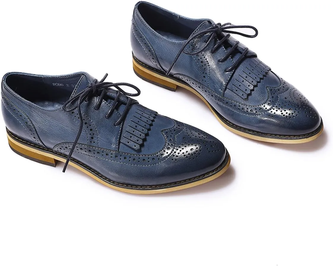 Mona flying Women's Handcrafted Wingtip Oxfords Brogue Vintage Lace up Leather Shoes for Ladies