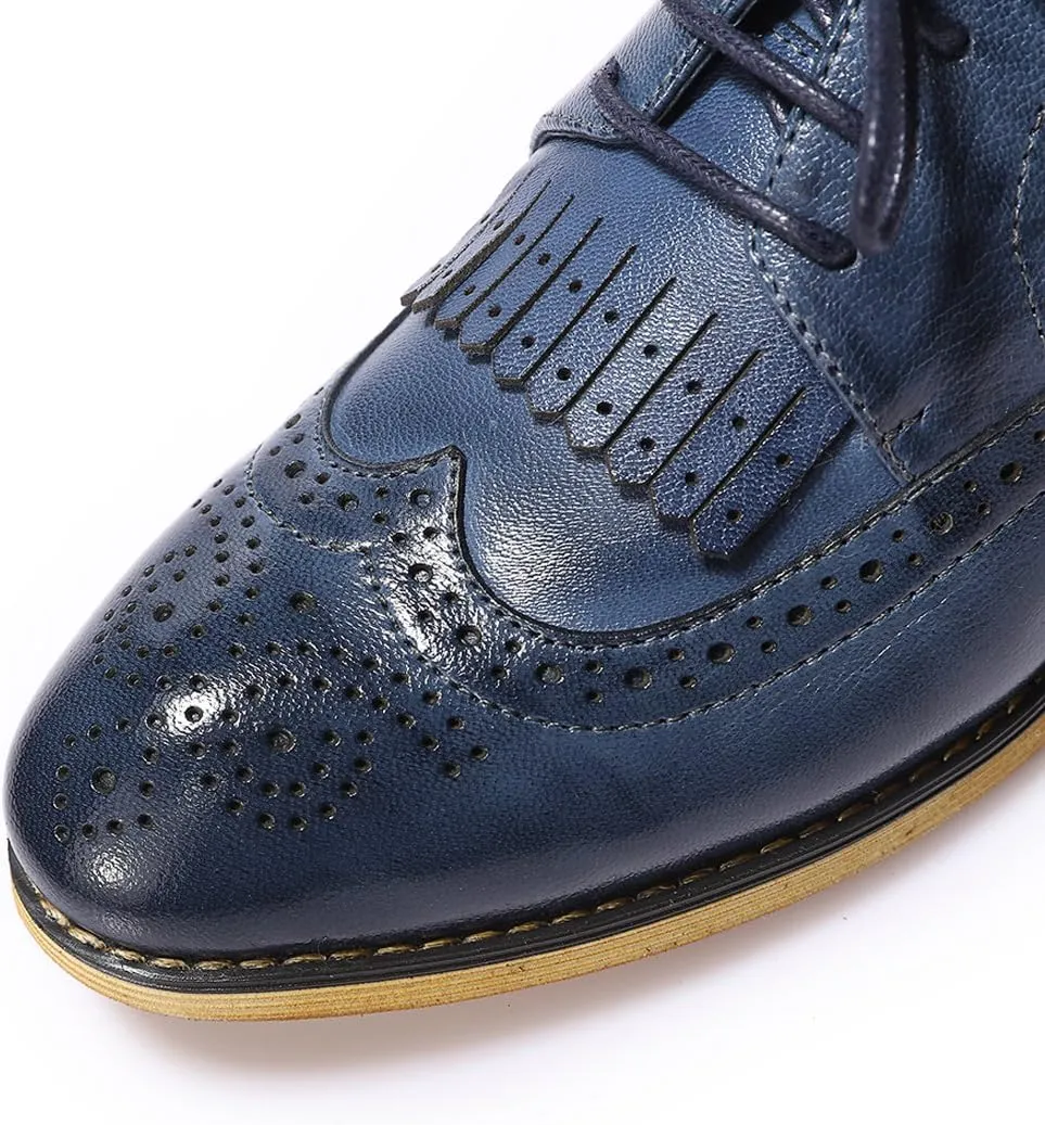 Mona flying Women's Handcrafted Wingtip Oxfords Brogue Vintage Lace up Leather Shoes for Ladies