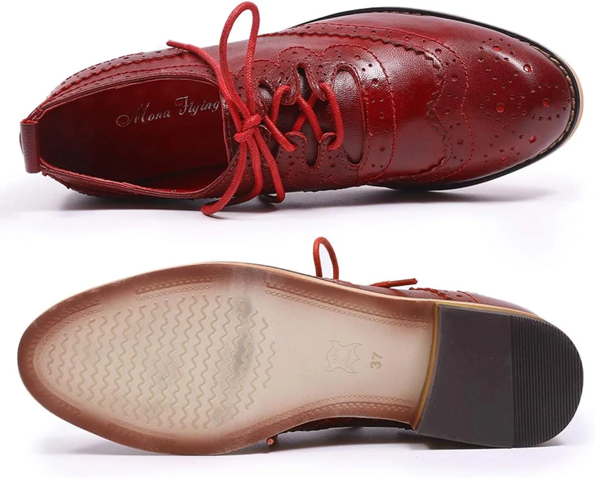 Mona flying Women's Handmade Wingtip Oxfords Comfy Lace up Brogue Leather Shoes for Ladies