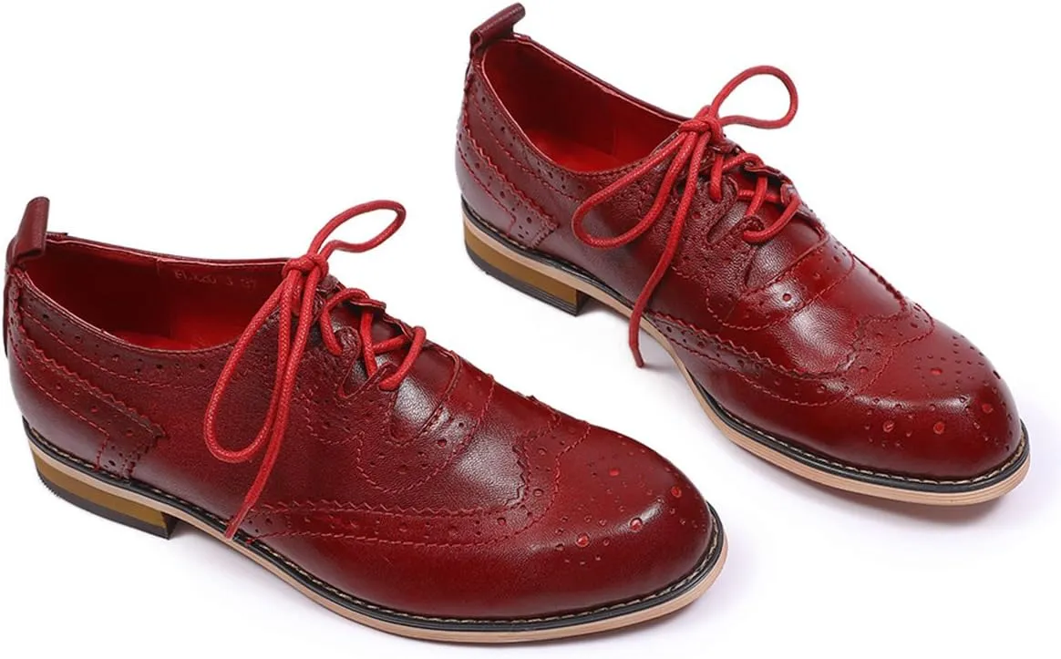 Mona flying Women's Handmade Wingtip Oxfords Comfy Lace up Brogue Leather Shoes for Ladies
