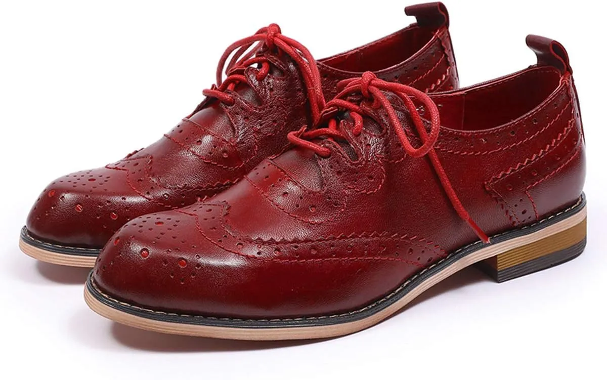 Mona flying Women's Handmade Wingtip Oxfords Comfy Lace up Brogue Leather Shoes for Ladies