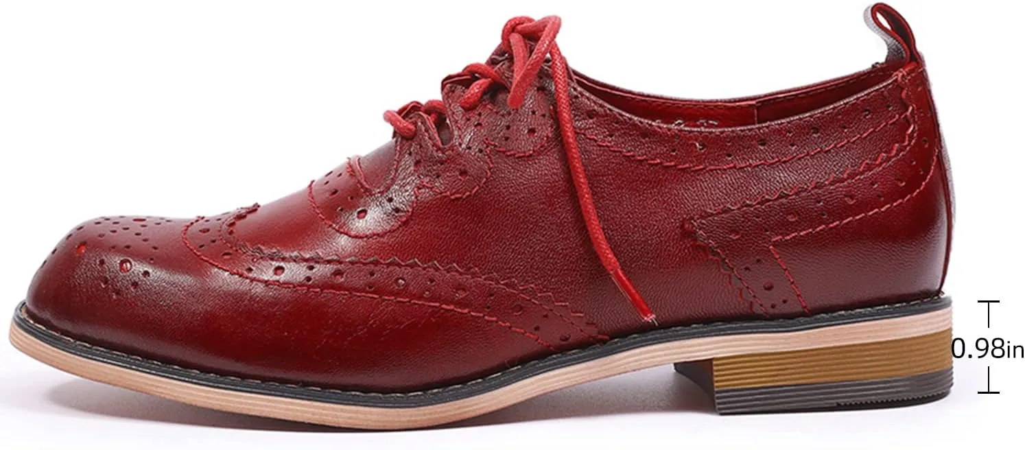 Mona flying Women's Handmade Wingtip Oxfords Comfy Lace up Brogue Leather Shoes for Ladies