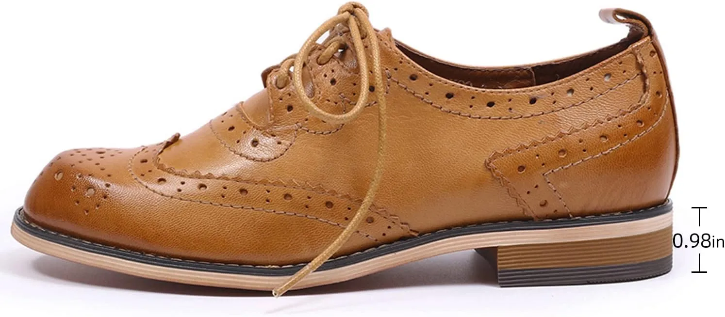 Mona flying Women's Handmade Wingtip Oxfords Comfy Lace up Brogue Leather Shoes for Ladies