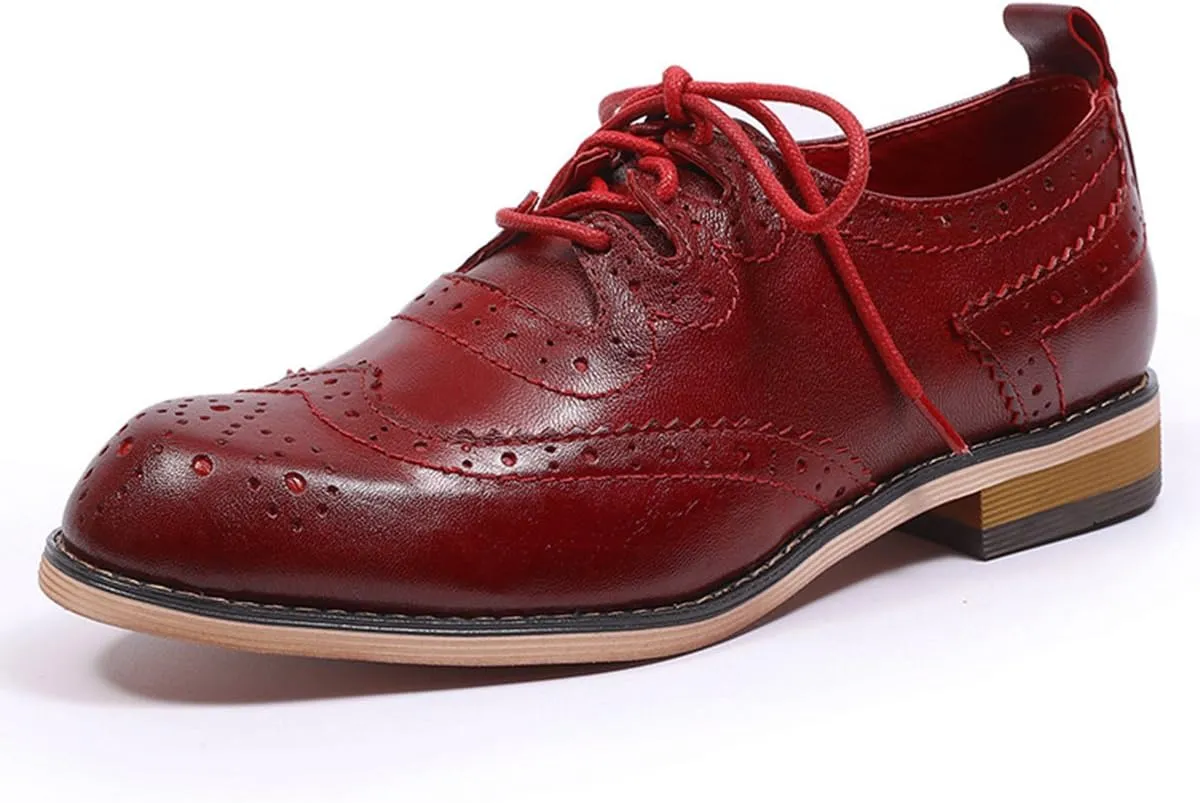 Mona flying Women's Handmade Wingtip Oxfords Comfy Lace up Brogue Leather Shoes for Ladies