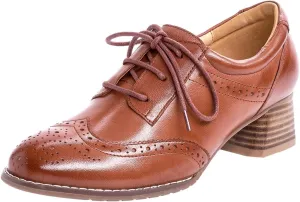Mona flying Womens Leather Med Chunky Heel Wingtip Brogue Lace-up Dress Oxford Pumps Office Work Heel Shoes for Ladies
