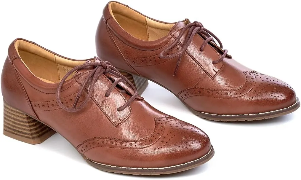 Mona flying Womens Leather Med Chunky Heel Wingtip Brogue Lace-up Dress Oxford Pumps Office Work Heel Shoes for Ladies