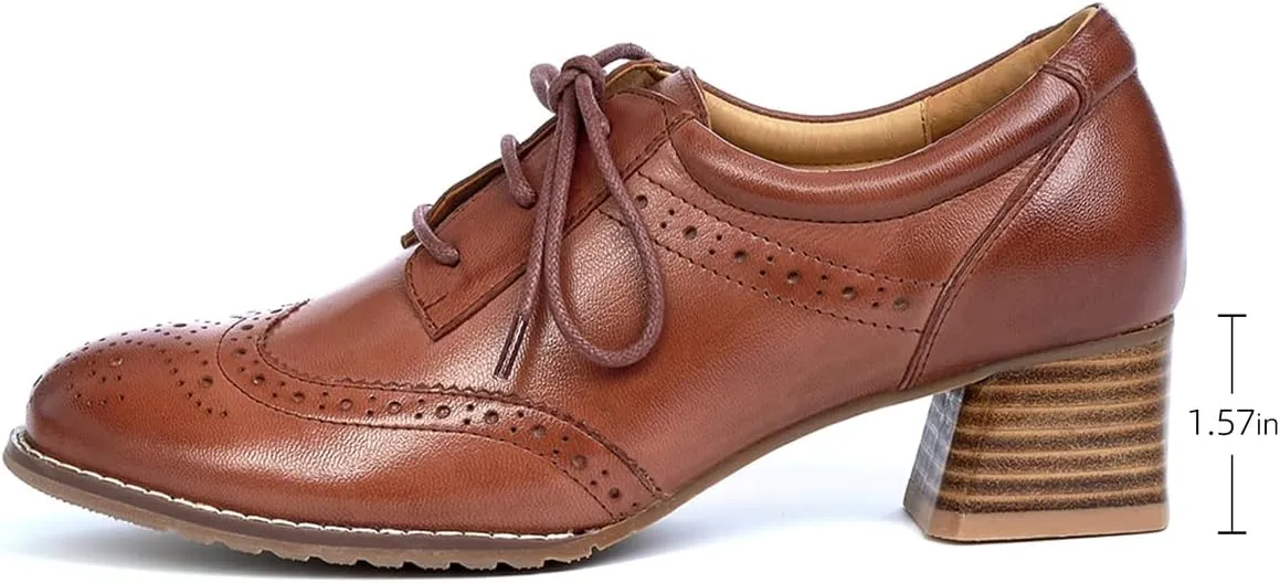 Mona flying Womens Leather Med Chunky Heel Wingtip Brogue Lace-up Dress Oxford Pumps Office Work Heel Shoes for Ladies