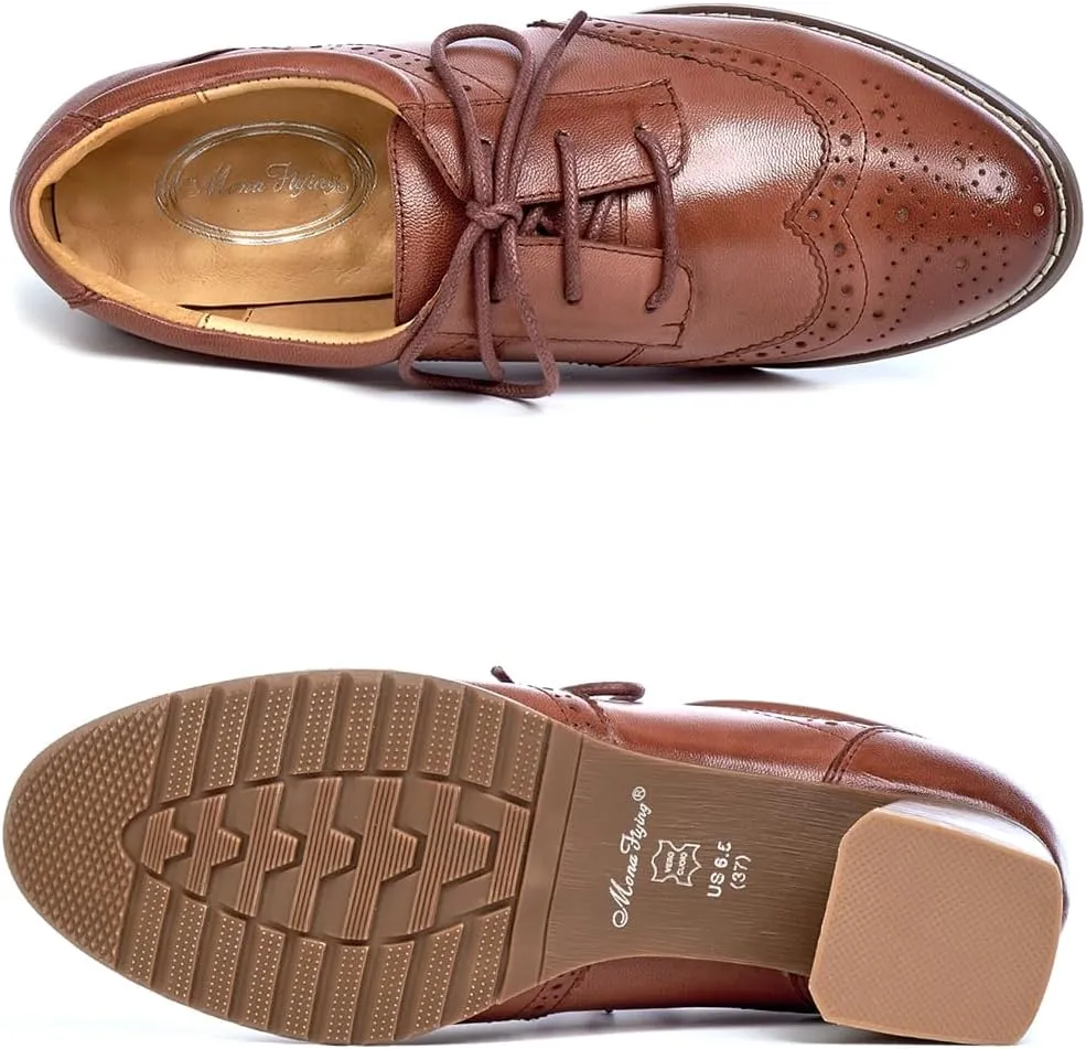 Mona flying Womens Leather Med Chunky Heel Wingtip Brogue Lace-up Dress Oxford Pumps Office Work Heel Shoes for Ladies