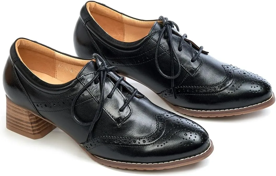 Mona flying Womens Leather Med Chunky Heel Wingtip Brogue Lace-up Dress Oxford Pumps Office Work Heel Shoes for Ladies