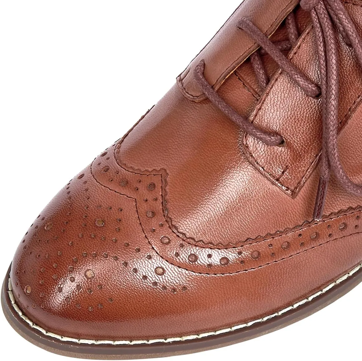 Mona flying Womens Leather Med Chunky Heel Wingtip Brogue Lace-up Dress Oxford Pumps Office Work Heel Shoes for Ladies
