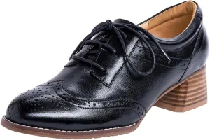 Mona flying Womens Leather Med Chunky Heel Wingtip Brogue Lace-up Dress Oxford Pumps Office Work Heel Shoes for Ladies