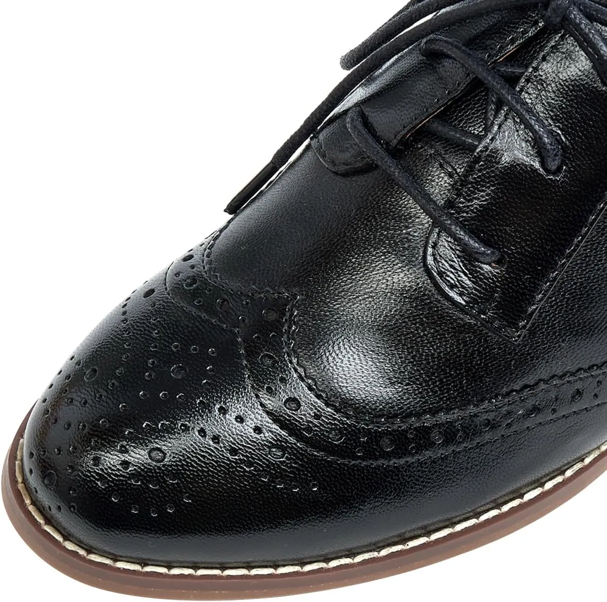 Mona flying Womens Leather Med Chunky Heel Wingtip Brogue Lace-up Dress Oxford Pumps Office Work Heel Shoes for Ladies