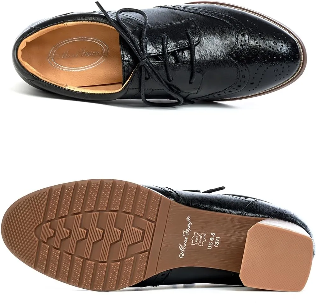 Mona flying Womens Leather Med Chunky Heel Wingtip Brogue Lace-up Dress Oxford Pumps Office Work Heel Shoes for Ladies