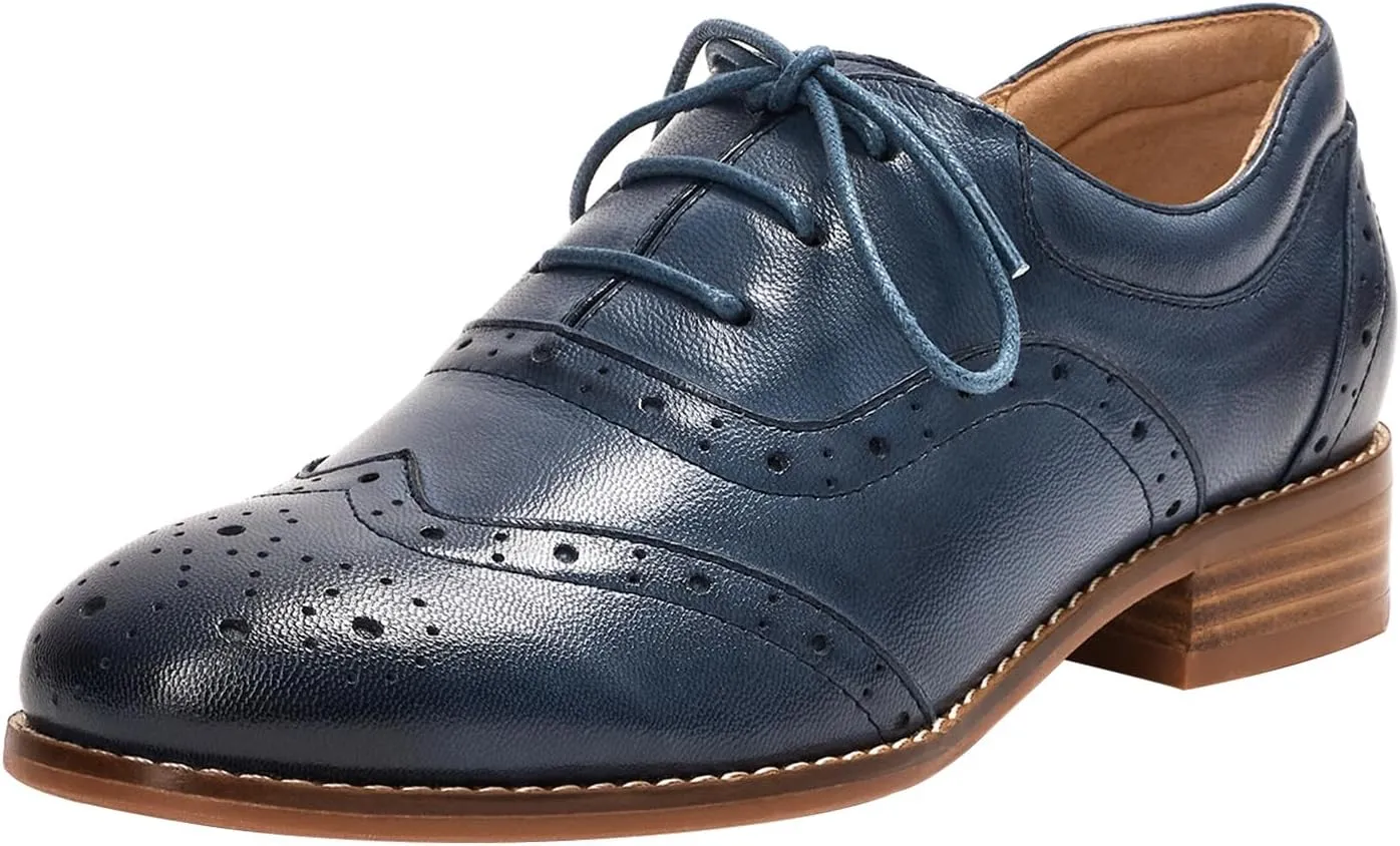 Mona flying Women's Leather Oxfords Brogue Wingtips Lace up Flat Office Work Shoes for Ladies