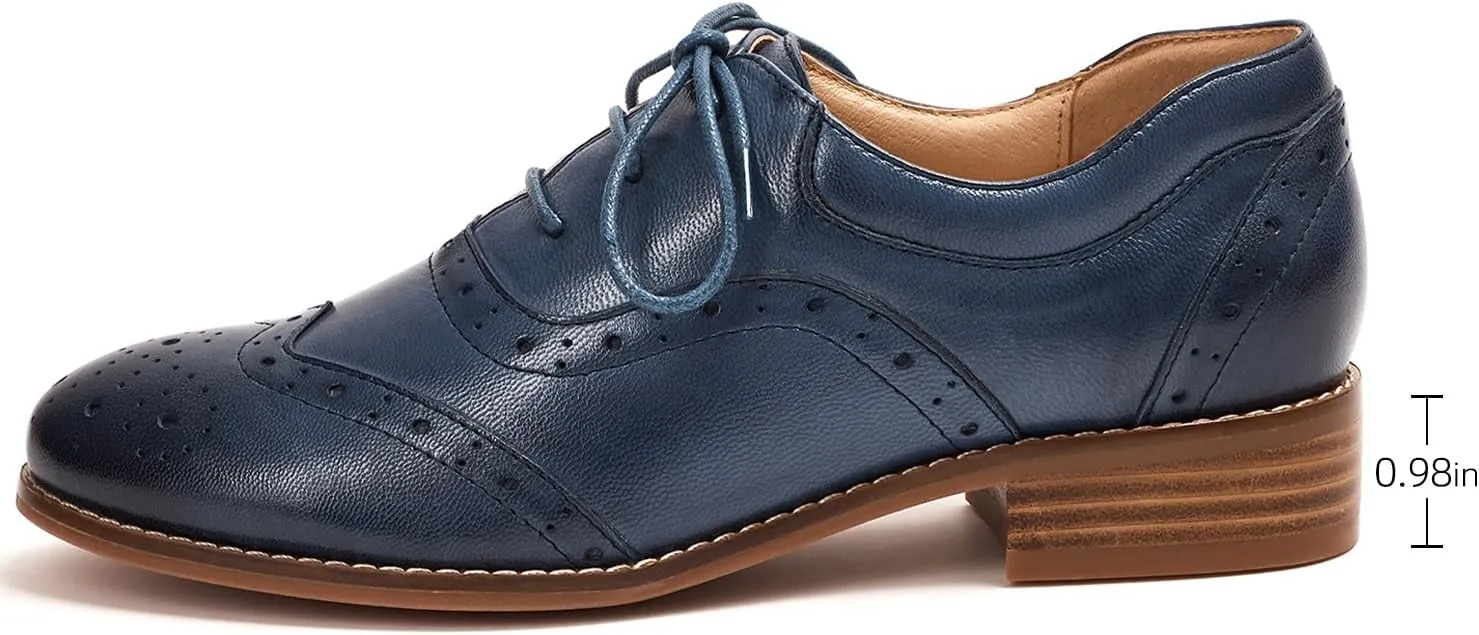Mona flying Women's Leather Oxfords Brogue Wingtips Lace up Flat Office Work Shoes for Ladies