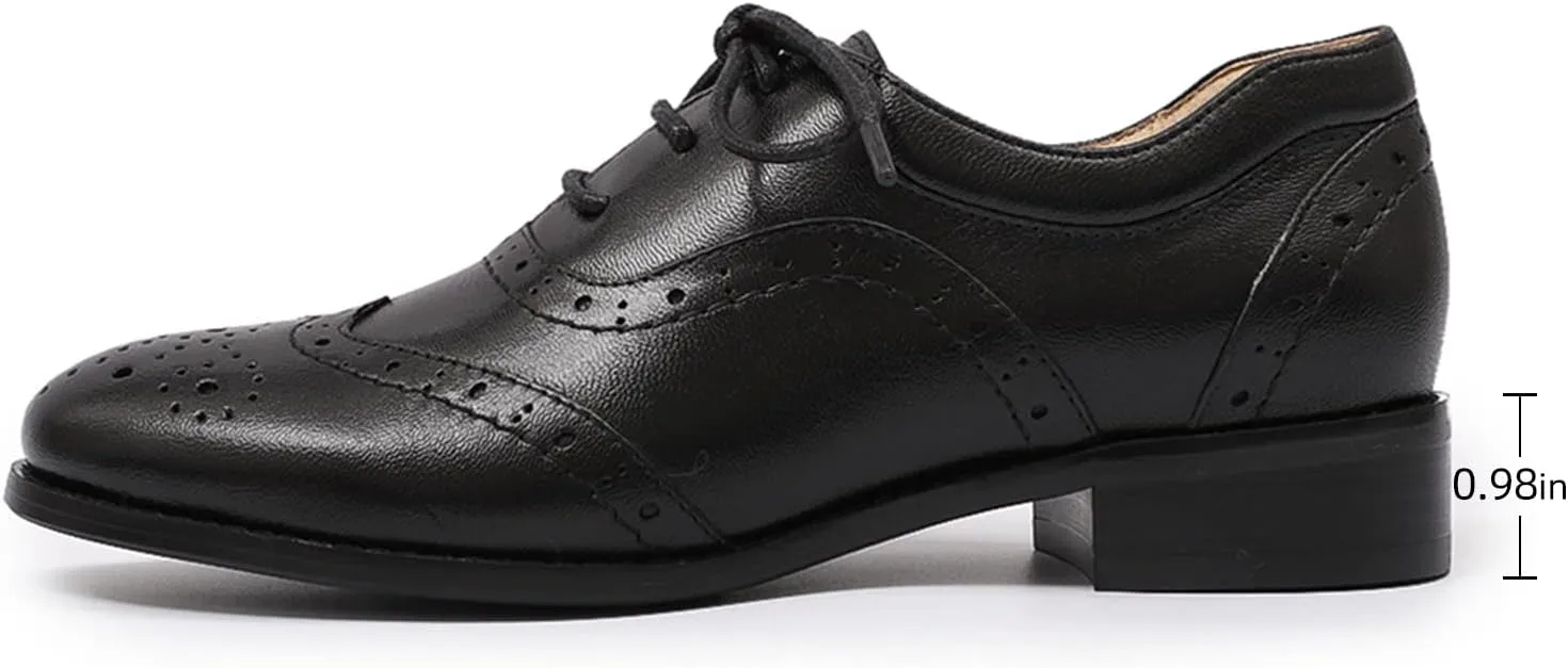 Mona flying Women's Leather Oxfords Brogue Wingtips Lace up Flat Office Work Shoes for Ladies