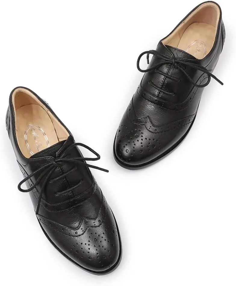 Mona flying Women's Leather Oxfords Brogue Wingtips Lace up Flat Office Work Shoes for Ladies
