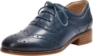 Mona flying Women's Leather Oxfords Brogue Wingtips Lace up Flat Office Work Shoes for Ladies