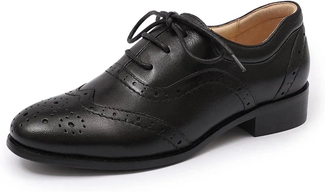 Mona flying Women's Leather Oxfords Brogue Wingtips Lace up Flat Office Work Shoes for Ladies