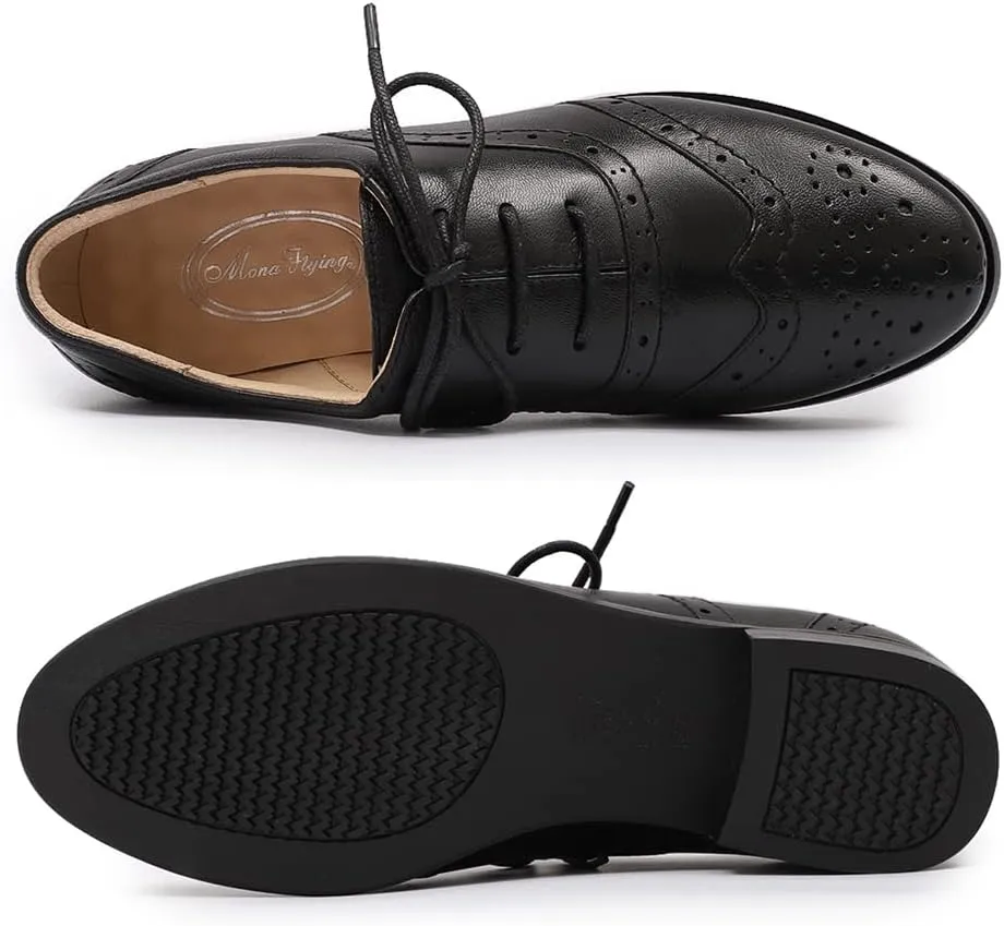Mona flying Women's Leather Oxfords Brogue Wingtips Lace up Flat Office Work Shoes for Ladies