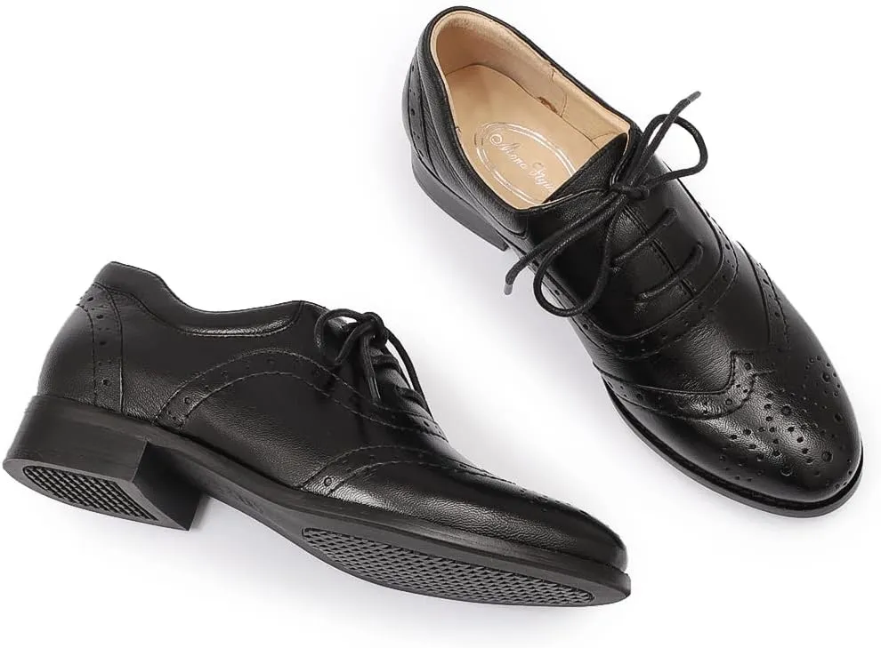 Mona flying Women's Leather Oxfords Brogue Wingtips Lace up Flat Office Work Shoes for Ladies