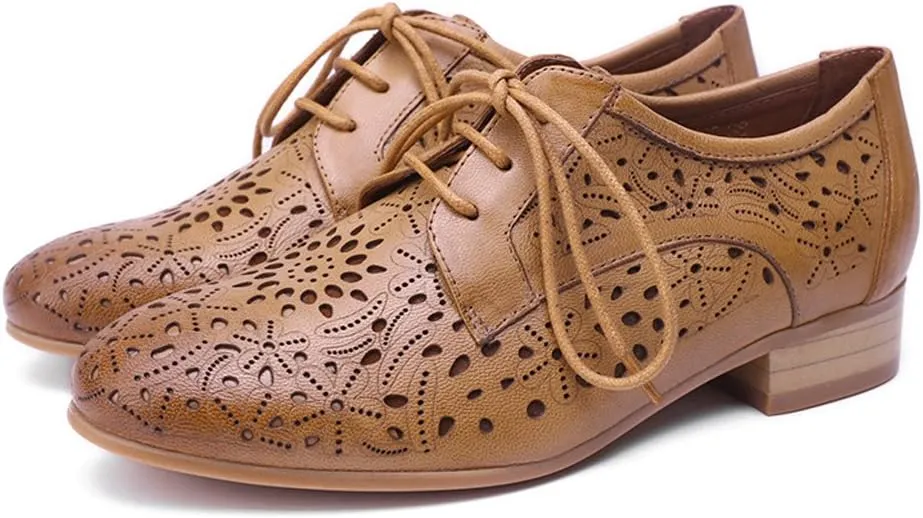 Mona flying Women's Leather Perforated Lace-up Oxfords Brogue Derby Shoes for Ladies