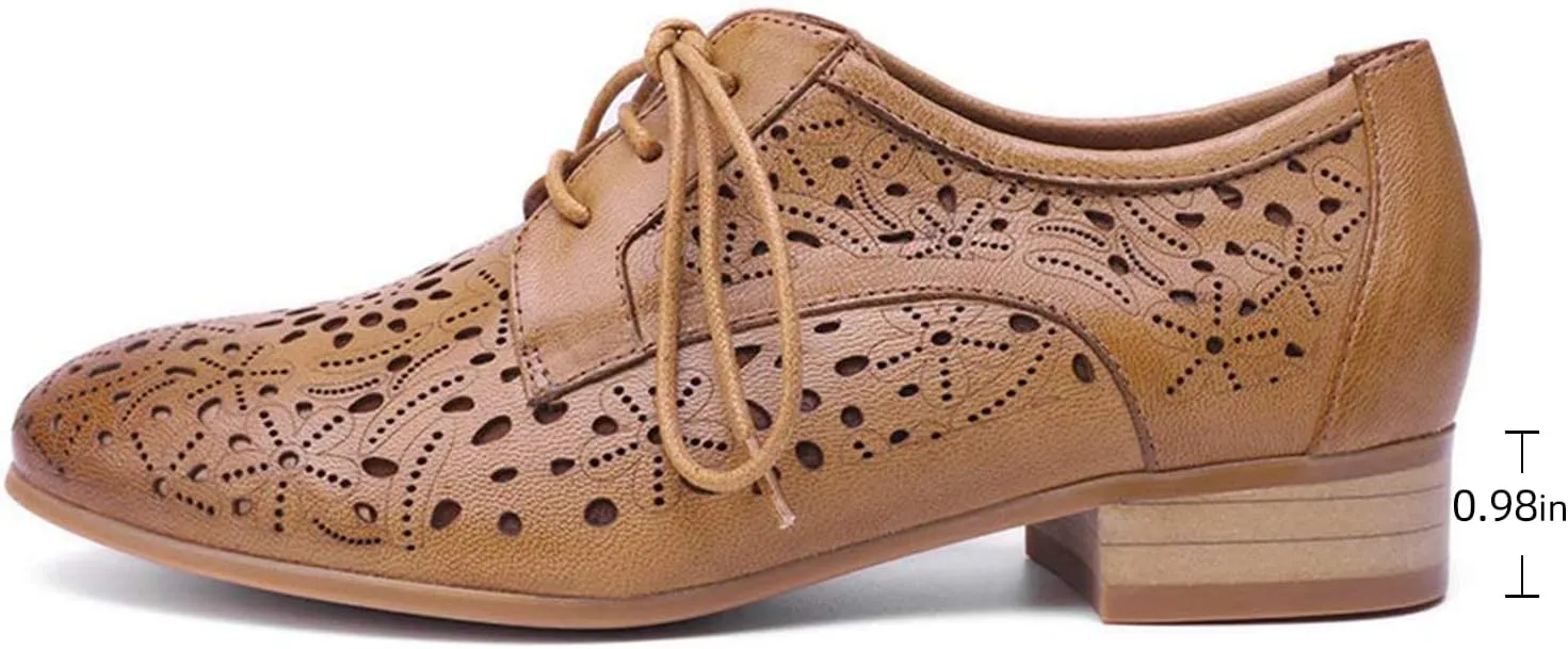 Mona flying Women's Leather Perforated Lace-up Oxfords Brogue Derby Shoes for Ladies