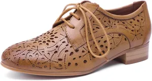 Mona flying Women's Leather Perforated Lace-up Oxfords Brogue Derby Shoes for Ladies