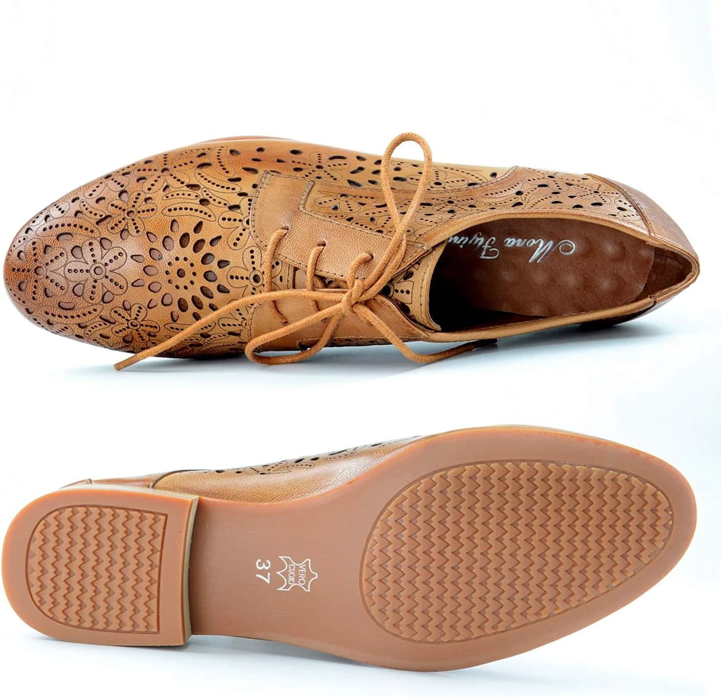 Mona flying Women's Leather Perforated Lace-up Oxfords Brogue Derby Shoes for Ladies