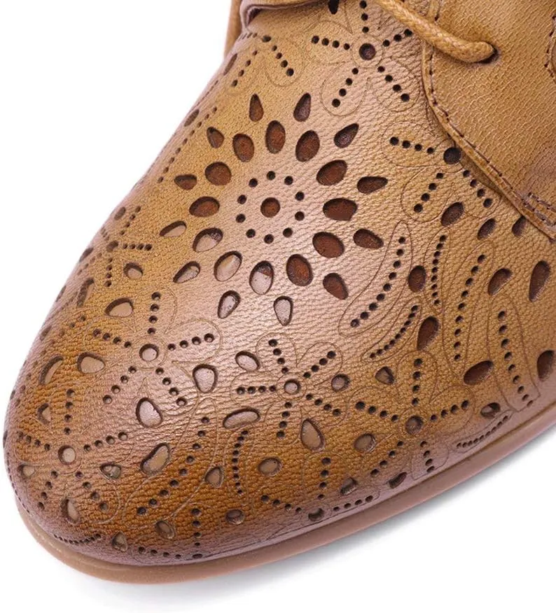 Mona flying Women's Leather Perforated Lace-up Oxfords Brogue Derby Shoes for Ladies