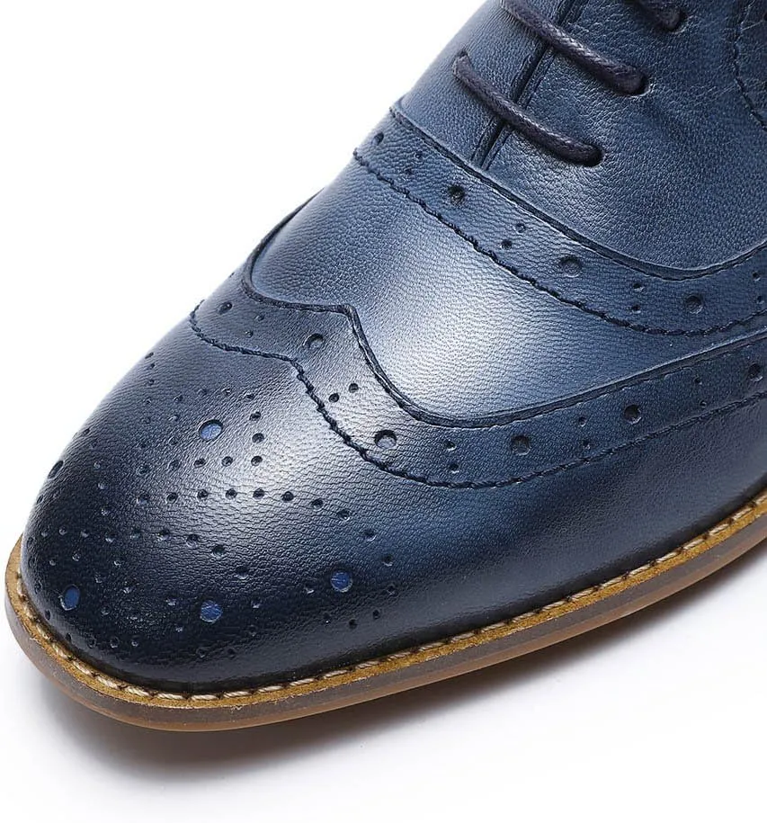 Mona flying Women's Leather Perforated Lace-up Oxfords Brogue Wingtip Derby Shoes for Ladies