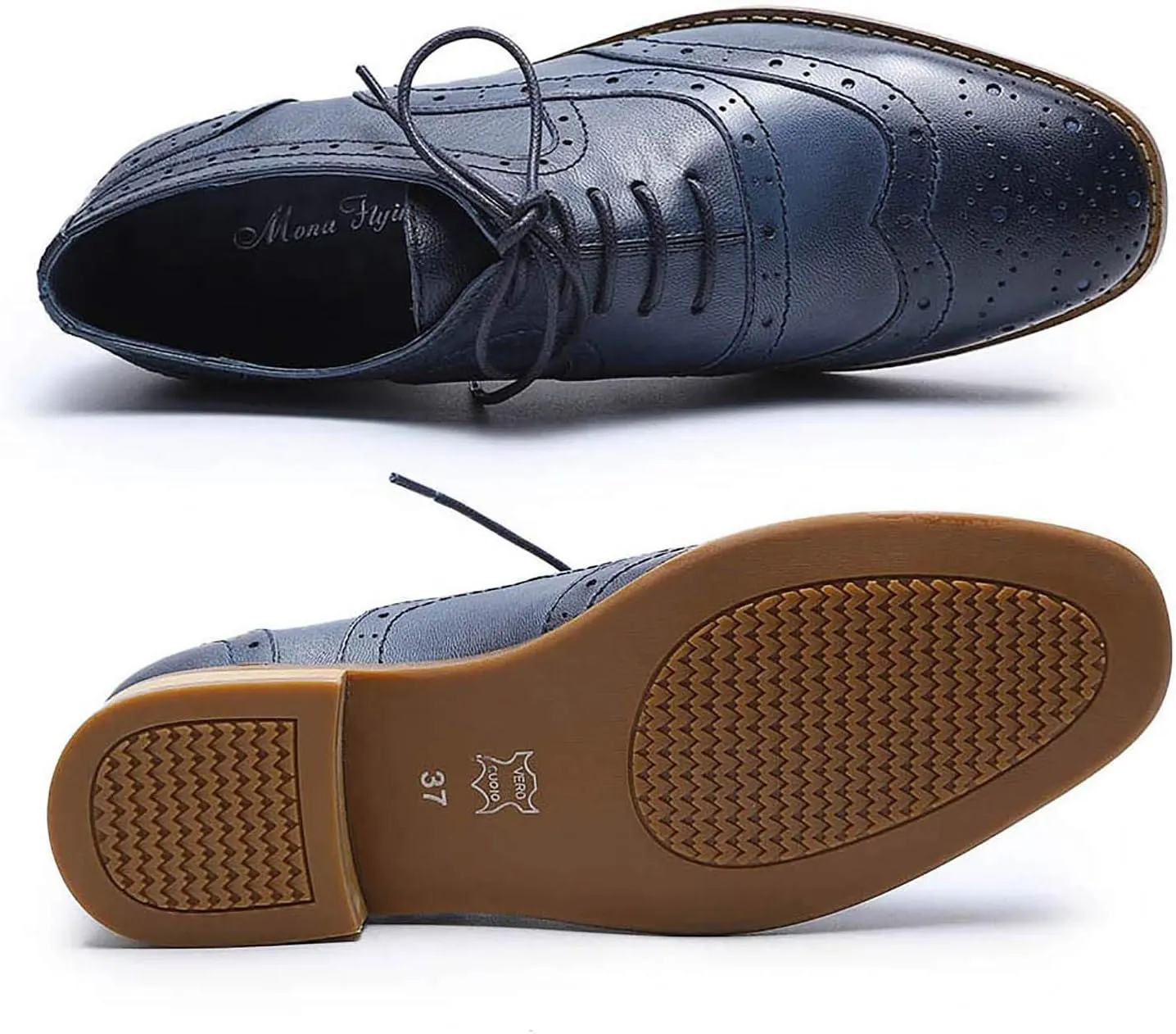Mona flying Women's Leather Perforated Lace-up Oxfords Brogue Wingtip Derby Shoes for Ladies