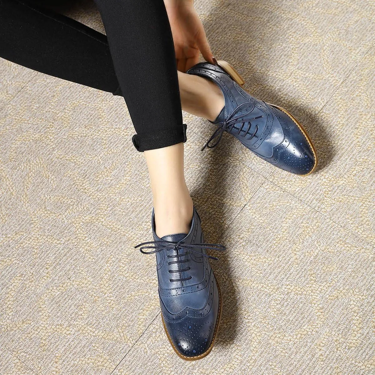 Mona flying Women's Leather Perforated Lace-up Oxfords Brogue Wingtip Derby Shoes for Ladies