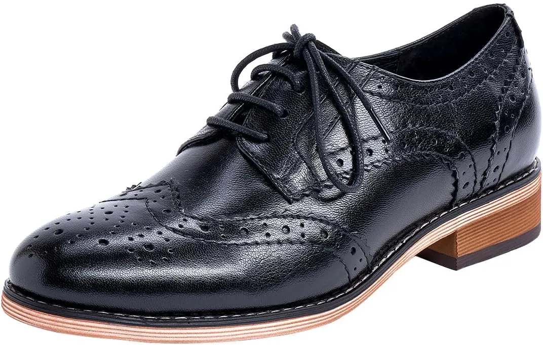 Mona flying Women's Leather Perforated Lace-up Oxfords Brogue Wingtip Derby Shoes for ladis Women
