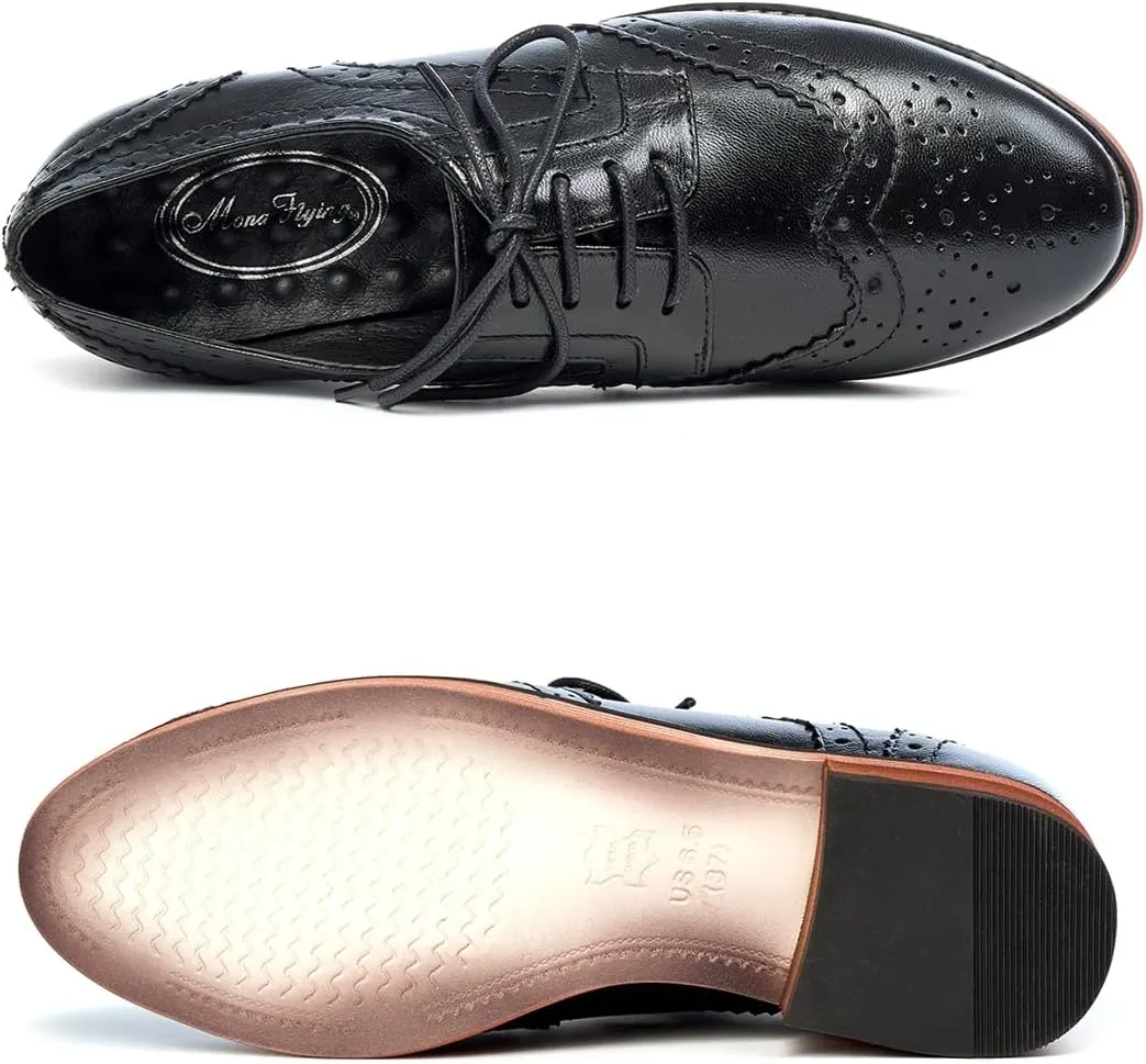 Mona flying Women's Leather Perforated Lace-up Oxfords Brogue Wingtip Derby Shoes for ladis Women