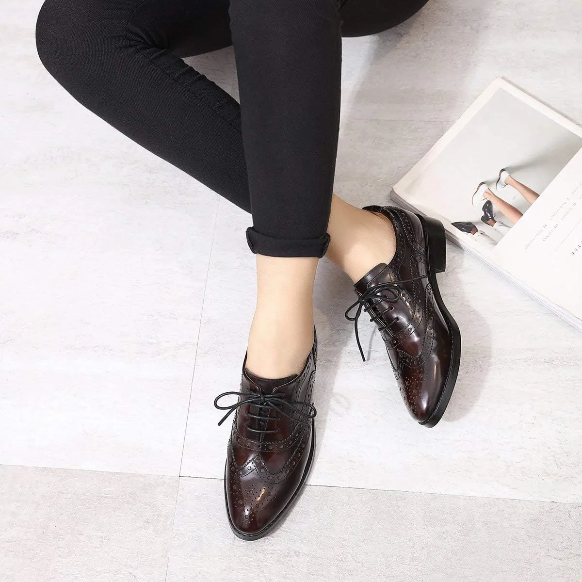 Mona flying Women's Leather Perforated Lace-up Oxfords Brogue Wingtip Shoes for Ladies Women