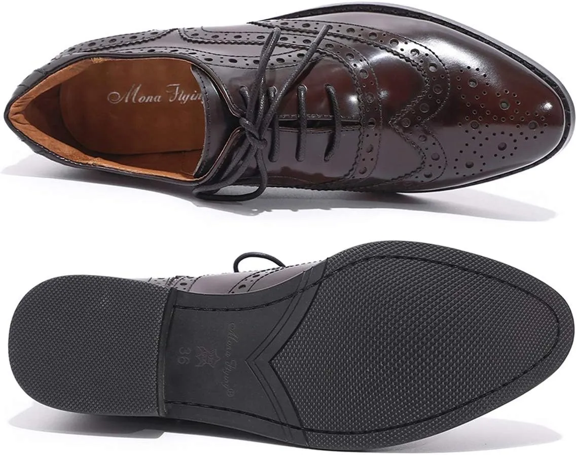 Mona flying Women's Leather Perforated Lace-up Oxfords Brogue Wingtip Shoes for Ladies Women