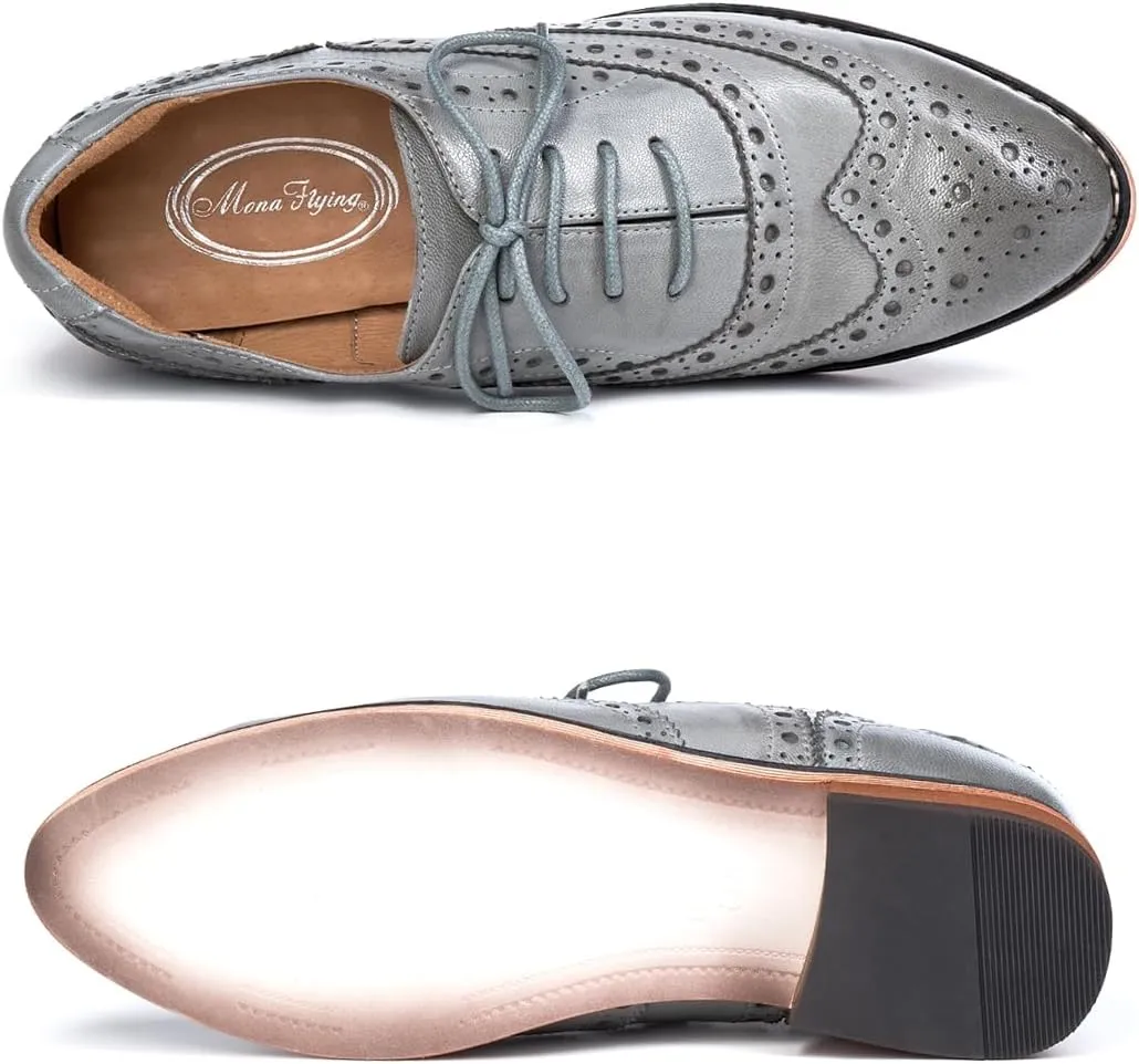 Mona flying Women's Leather Perforated Lace-up Oxfords Brogue Wingtip Shoes for Ladies Women