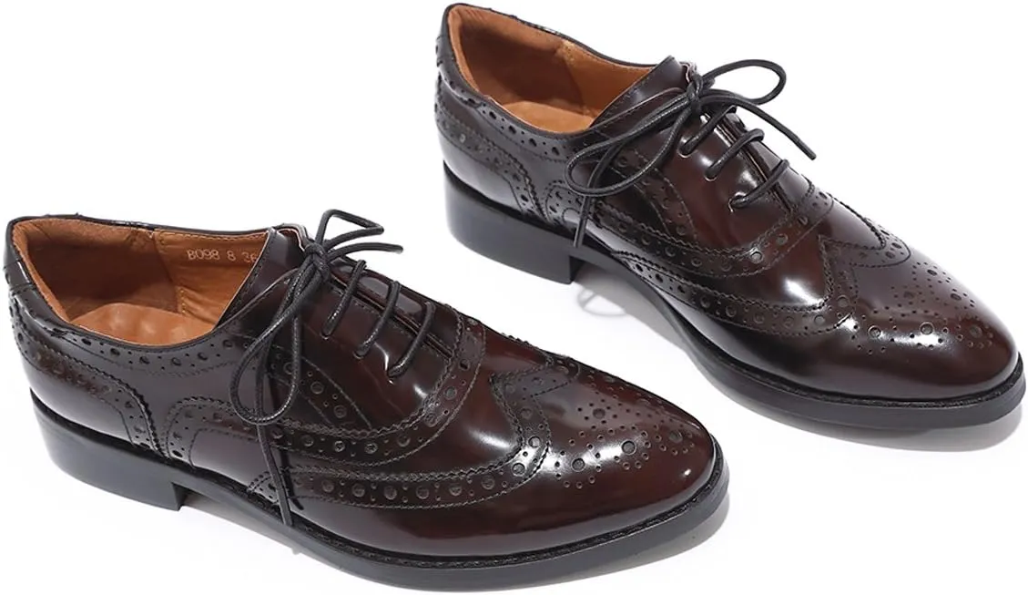 Mona flying Women's Leather Perforated Lace-up Oxfords Brogue Wingtip Shoes for Ladies Women
