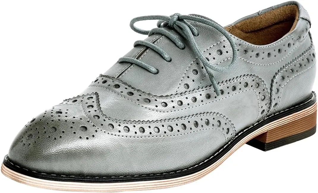 Mona flying Women's Leather Perforated Lace-up Oxfords Brogue Wingtip Shoes for Ladies Women