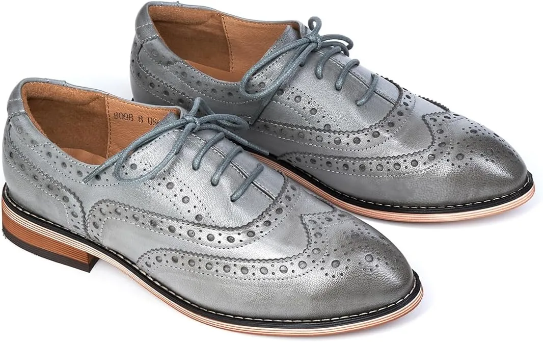 Mona flying Women's Leather Perforated Lace-up Oxfords Brogue Wingtip Shoes for Ladies Women