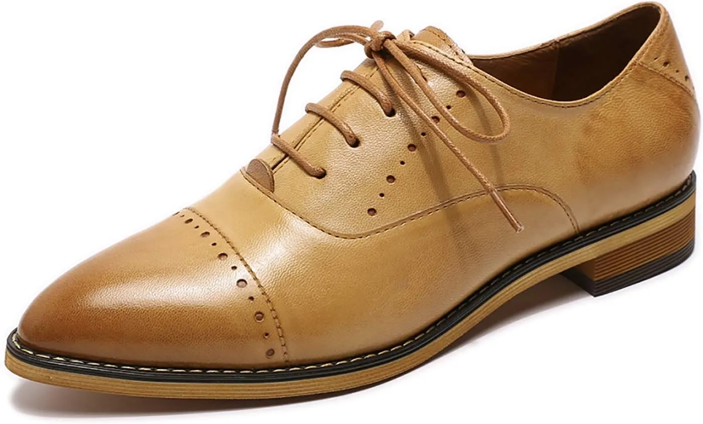 Mona flying Women's Pointed Toe Oxfords Brogue Retro Lace up Leather Work Shoes for Ladies