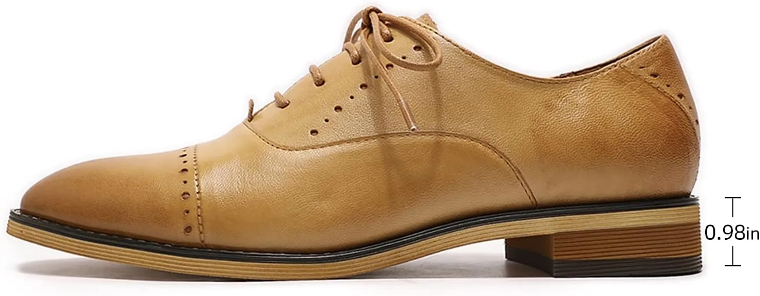 Mona flying Women's Pointed Toe Oxfords Brogue Retro Lace up Leather Work Shoes for Ladies